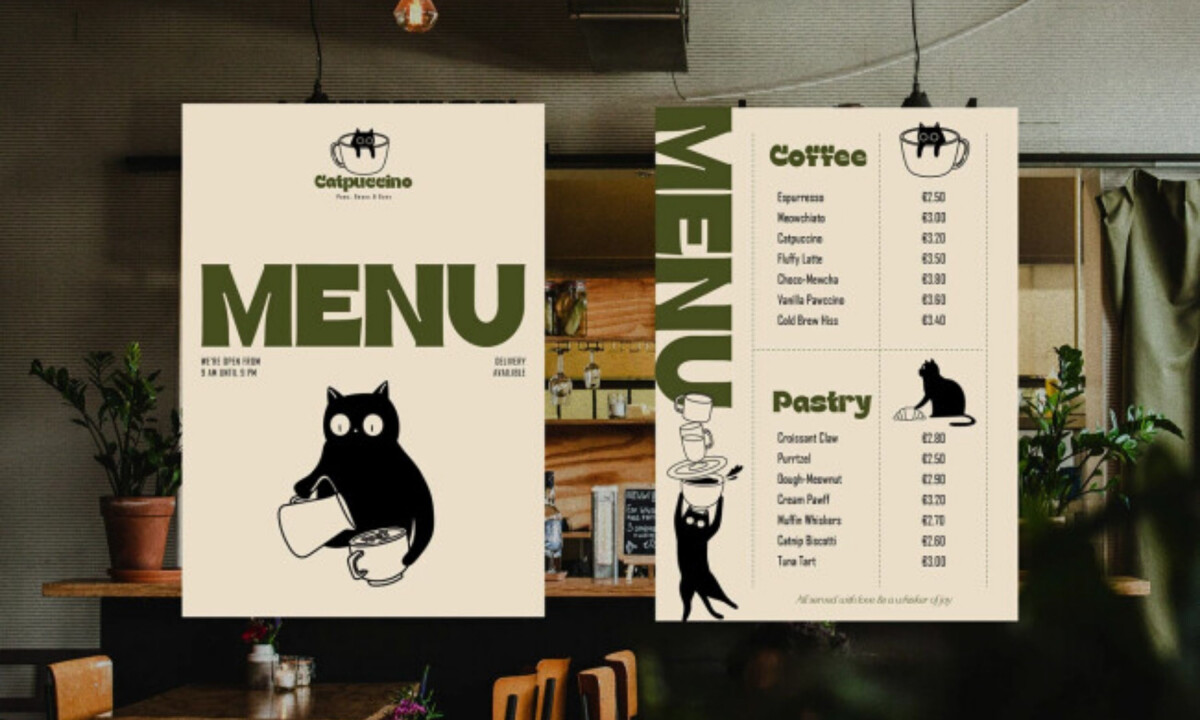 Playful cat illustrations animate menu design