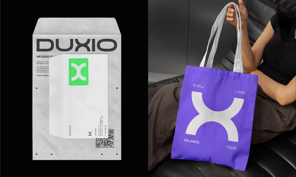 Duxio branding applications including stationery and tote bag