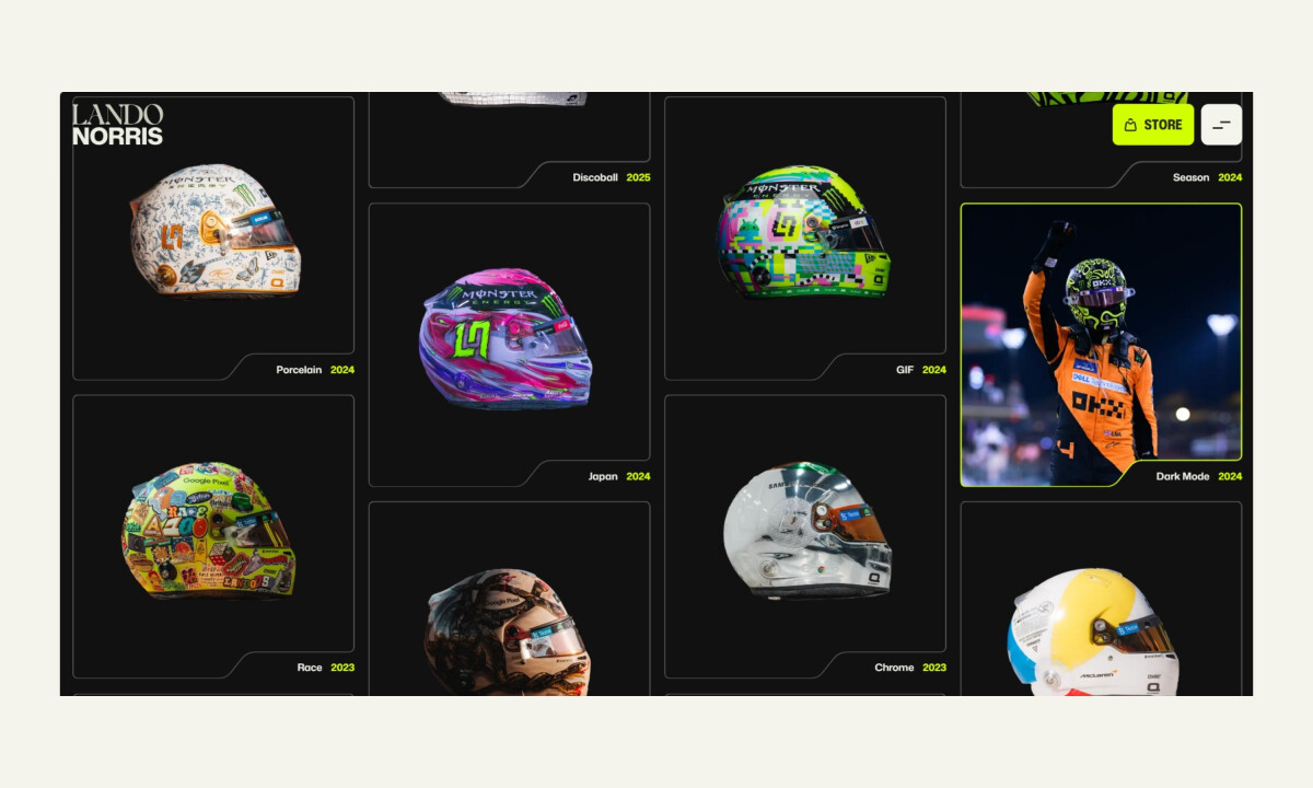Helmet archive interface showcasing special edition designs