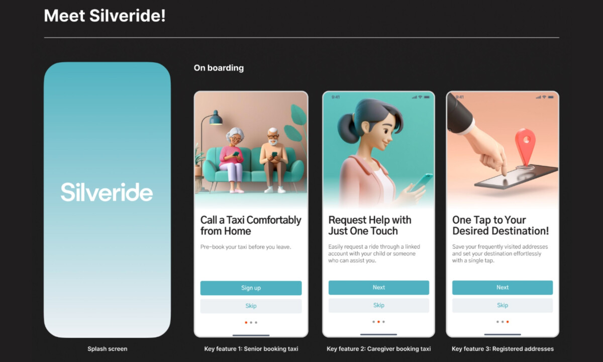 Clear onboarding screens guide seniors through taxi booking features