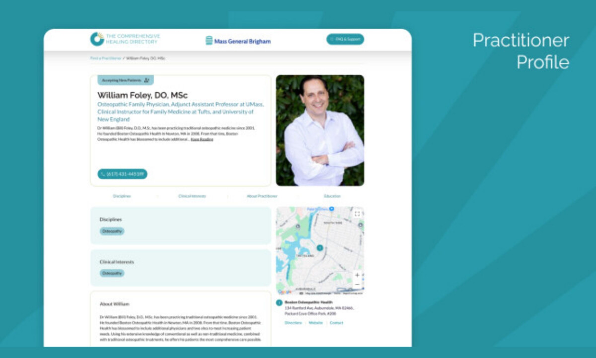 Practitioner profile presents credentials, specialties, and location clearly