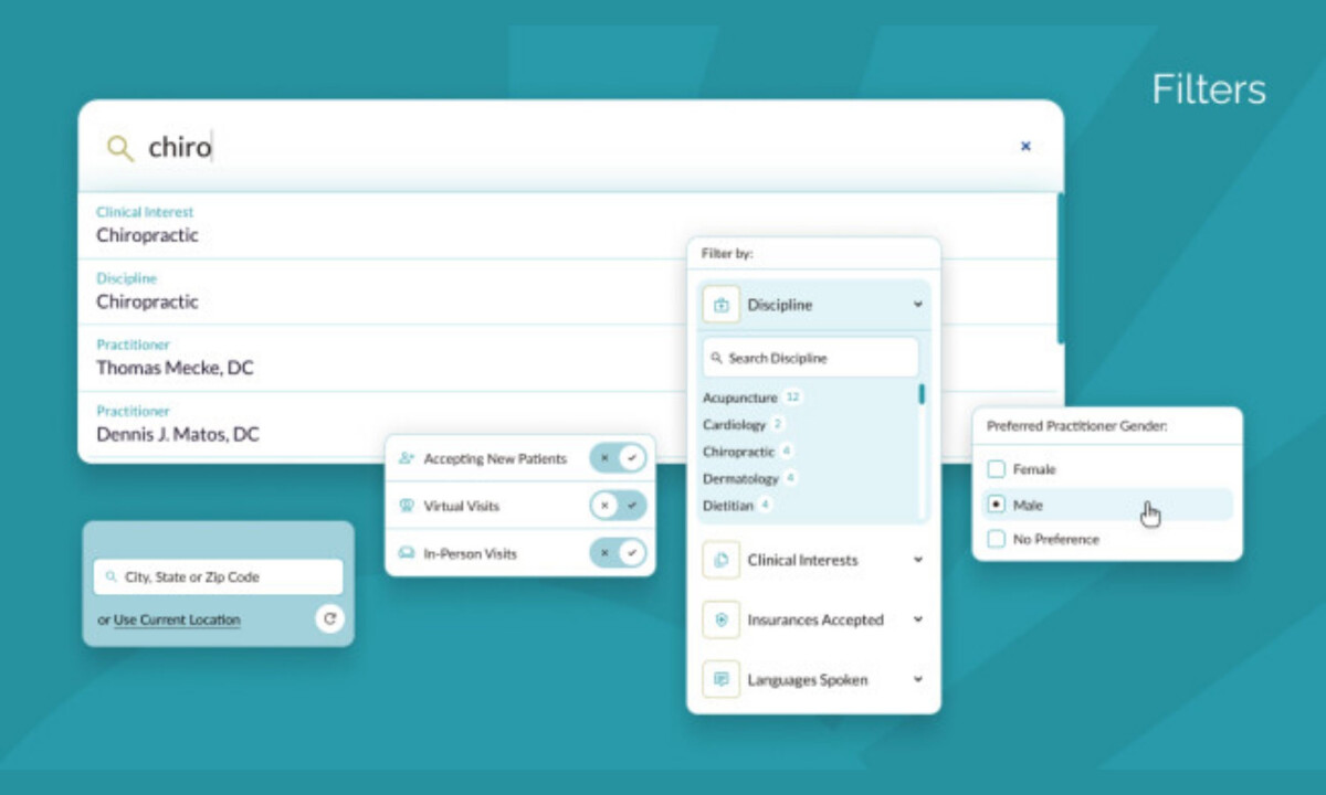 Smart filters help users quickly find the right healthcare practitioner