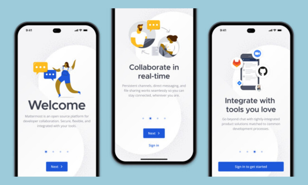 Onboarding screens introduce collaboration features and integrated tools
