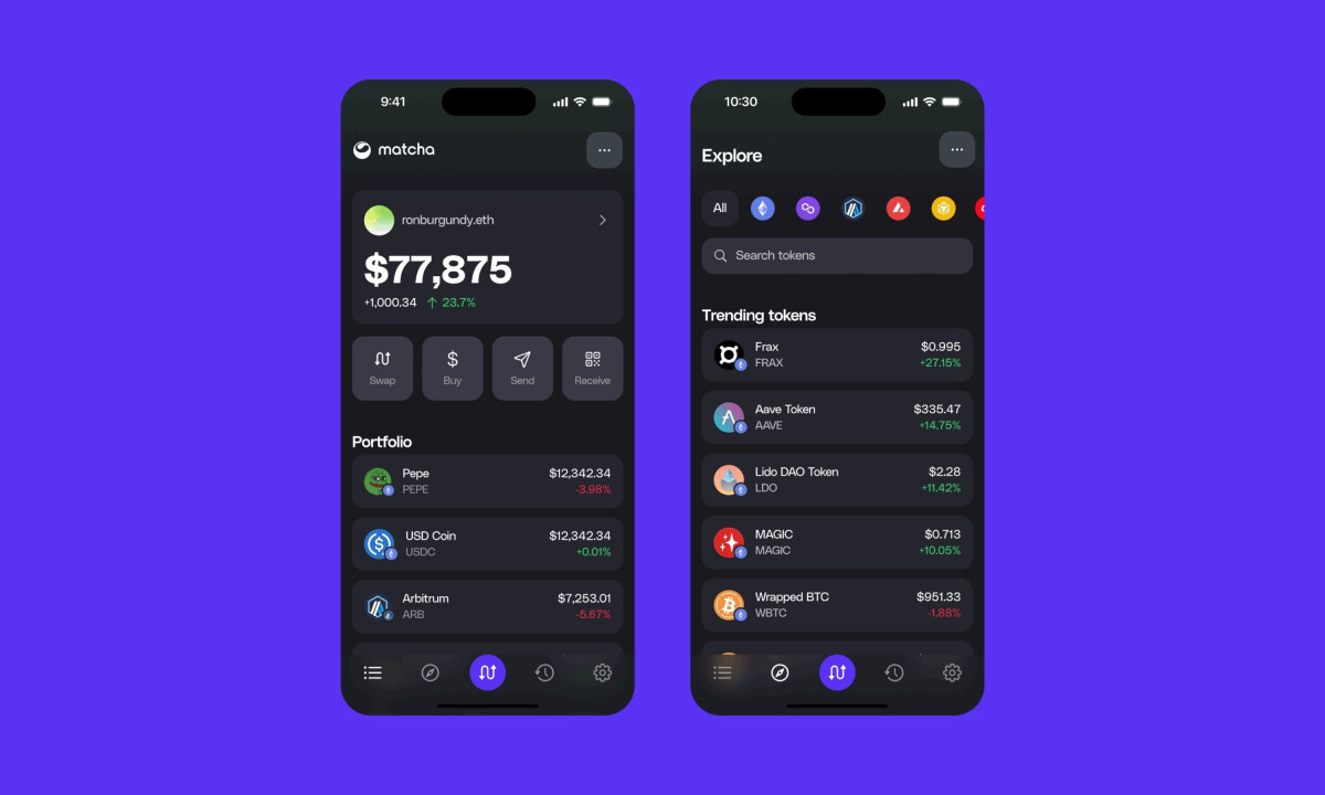 Mobile dashboard displays portfolio and trending tokens