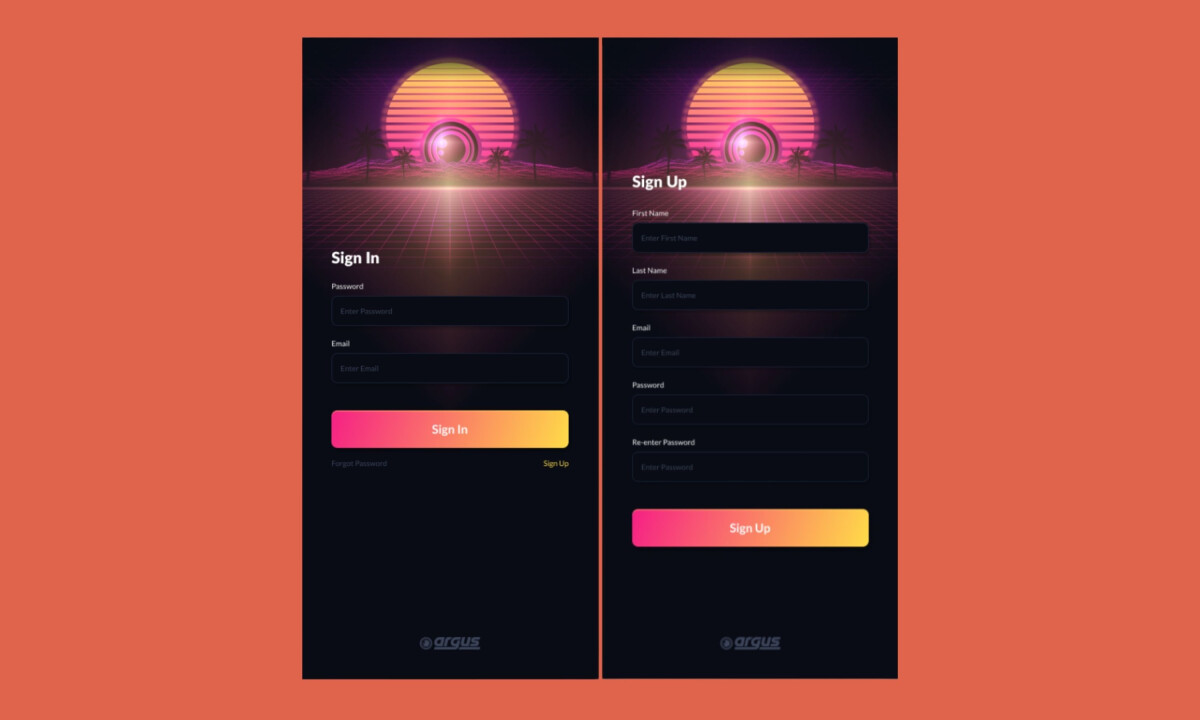 Onboarding screens introduce Argus account access
