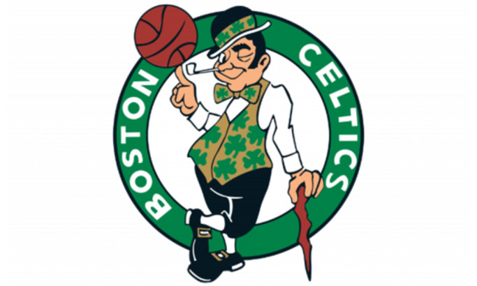 Boston Celtics logo design featuring a leprechaun spinning a basketball inside a green ring