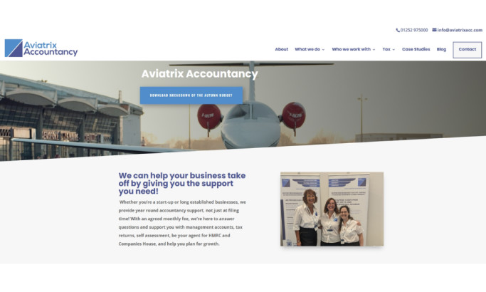Aviatrix Accountancy Home Page section website design by Carr Designs.