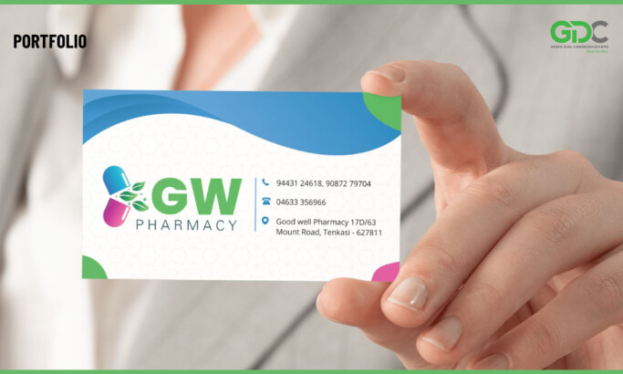 GW Pharmacy print business card design by Green Dial Communications.
