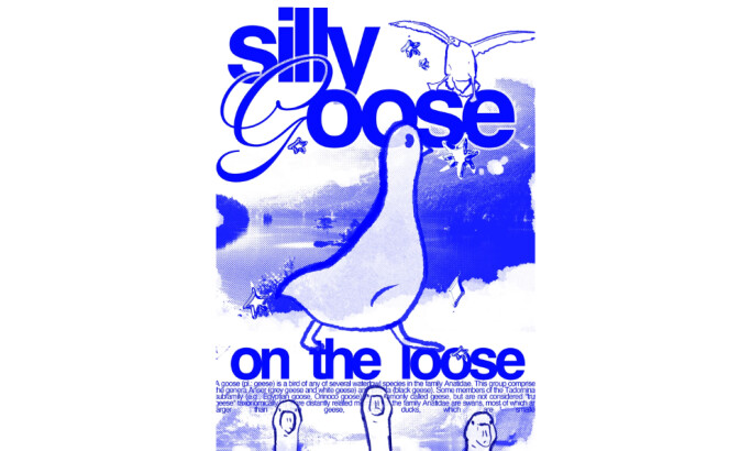 the "Silly Goose" poster design featuring playful typography and vibrant blue colors
