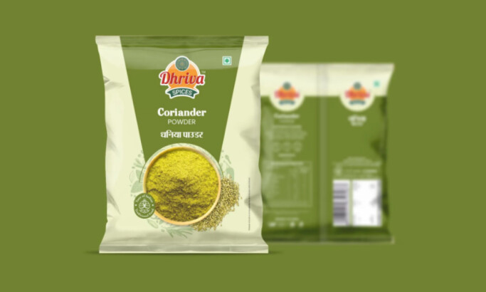 Dhriva Spices coriander powder packaging design by Palsa Design Studio.