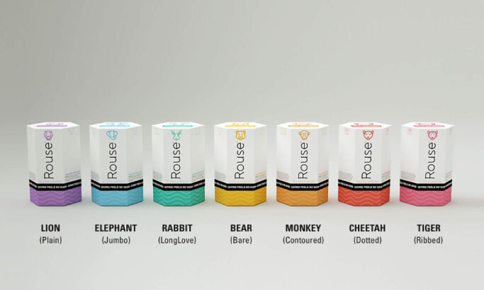 Rouse Condoms packaging lineup featuring animal-themed variant icons