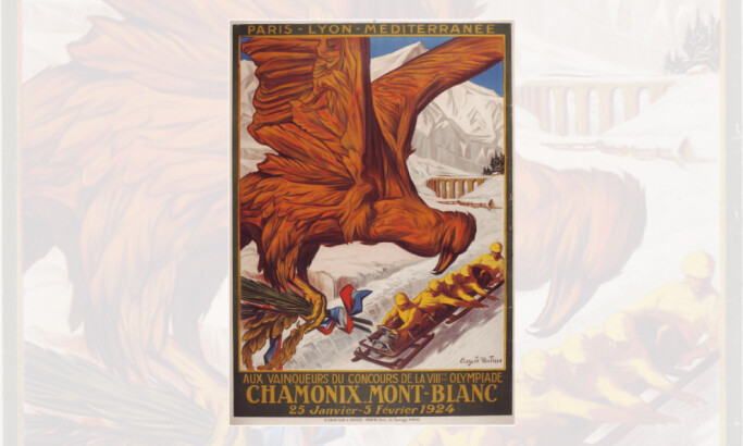 Golden eagle and bobsled team in 1924 Chamonix Winter Olympics poster.