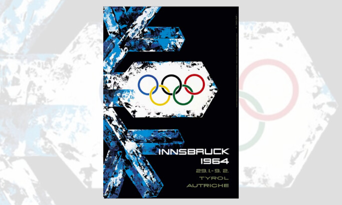 Blue snowflake and Olympic rings in 1964 Innsbruck Winter Olympics poster.