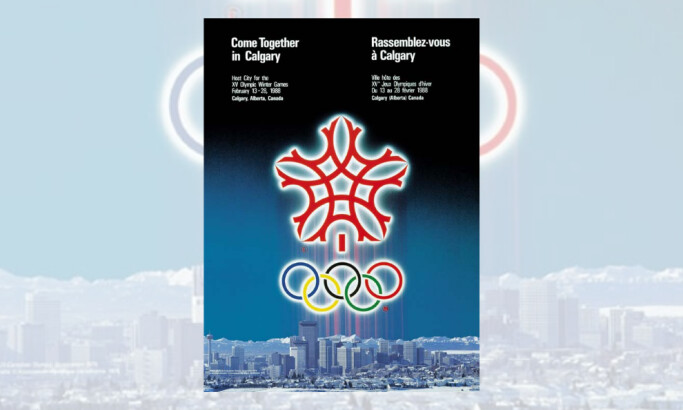 Calgary 1988 Winter Olympics poster featuring red emblem, skyline, and dual-language slogan.