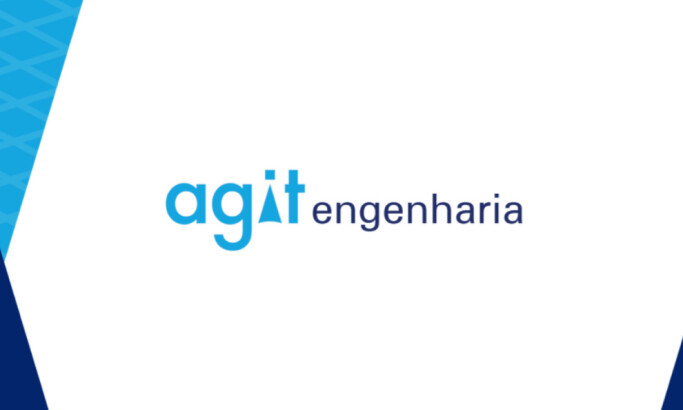 Agit Engenharia logo on white and blue geometric background.