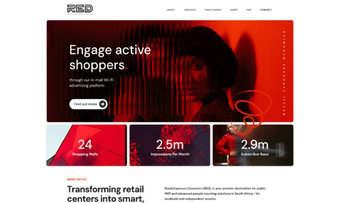 RED advertising platform website showing Wi-Fi engagement statistics: 24 shopping malls, 2.5m monthly impressions, 2.9m subscribers.