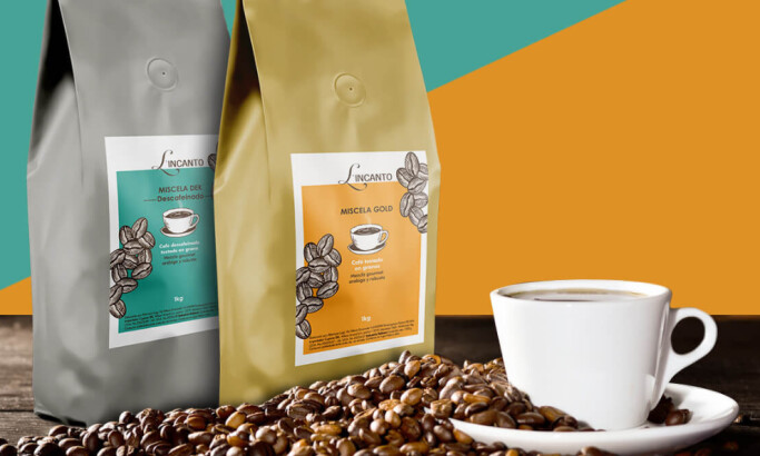 Coffee packaging of L’Incanto Miscela Gold and Miscela Dek with cup of coffee and beans.
