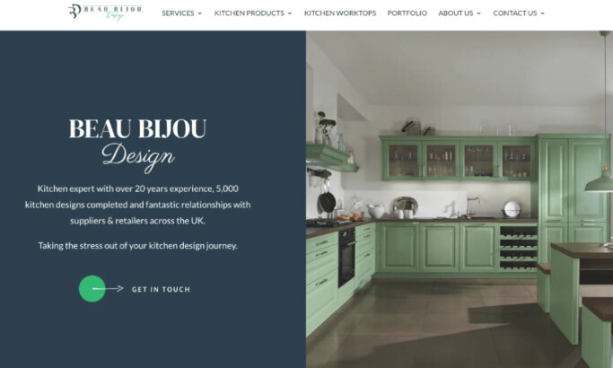Beau Bijou homepage with modern green kitchen interior by Webzang.