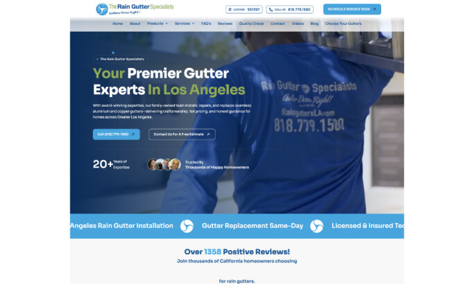 The Rain Gutter Specialists homepage website design by DelosWeb.