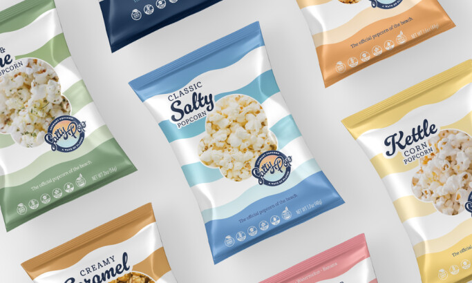 Salty Pop Popcorn packaging design by Preyer Design.