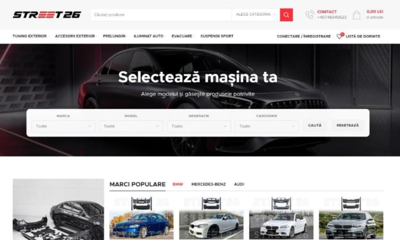 Alex Design - Street26.ro — WooCommerce tuning store with a vehicle-fit filter