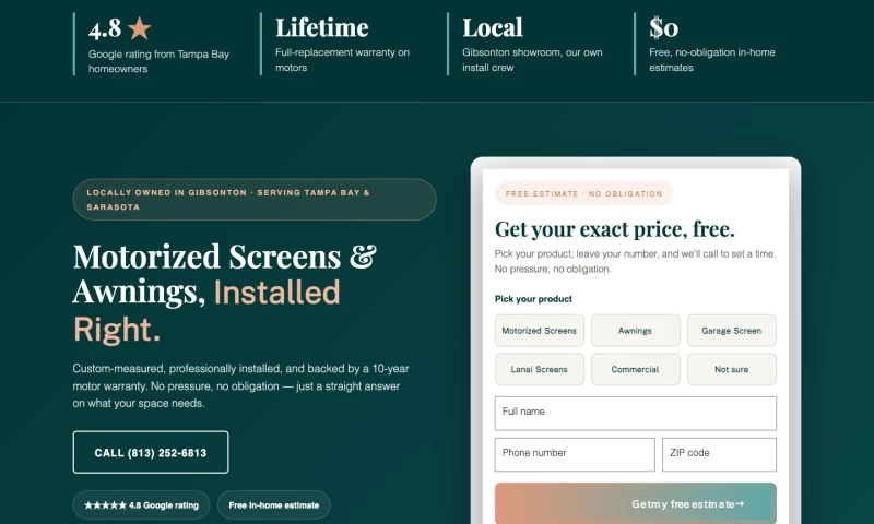 Forty-Second Street - West Shore Shade — Webflow Website & Brand Refresh for a Tampa Bay Screens and Awnings Company