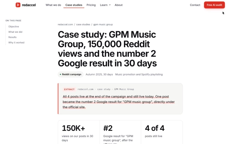 Redaccel - GPM Music Group: 150,000 Reddit views and the number 2 Google result in 30 days