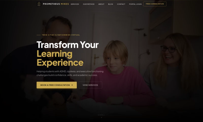 Black Hart Consulting - Prometheus Minds: Squarespace to custom website for an ADHD tutoring practice