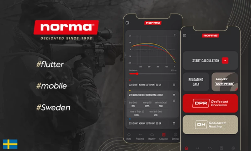 Norma Precision - a top-notch Flutter ballistic mobile app calculator for sports shooters to calculate projectile trajectory against multi-factor conditions