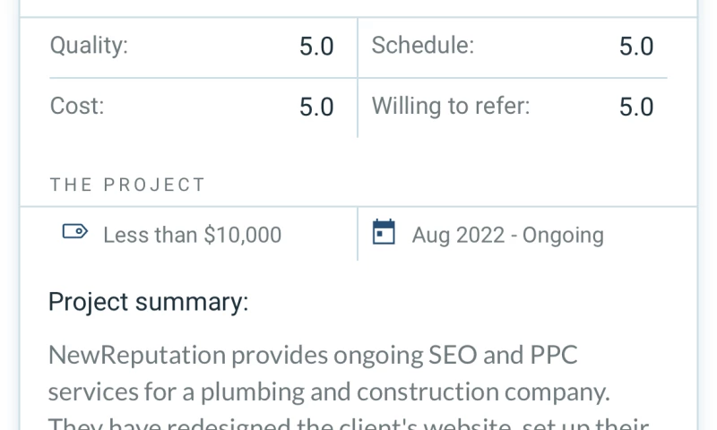 NewReputation - SEO Services for Plumbing & Construction Company