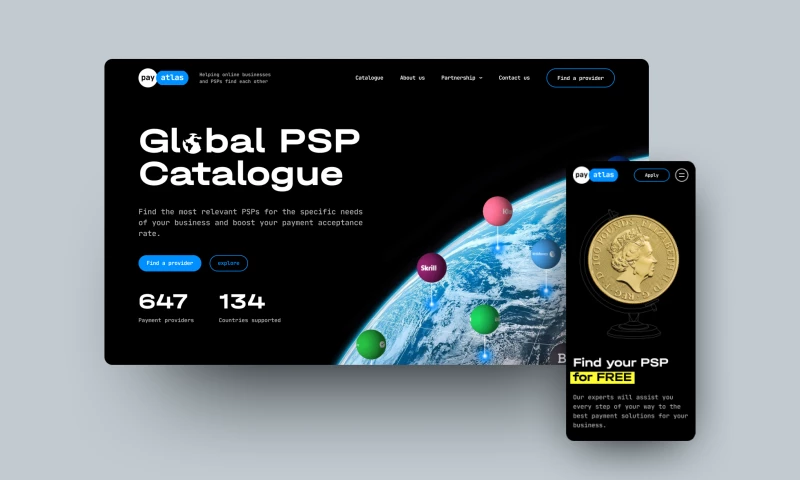 Website, platform interface, and logo for the global catalog of payment providers