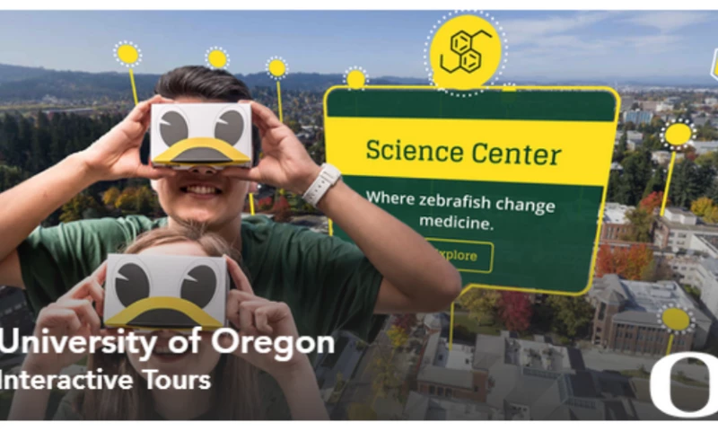 University of Oregon Overview This self-guided, 360 experience gives you access to campus from anywhere. Designed to be more dynamic and engaging than the typical 360 tour. VR EXPERIENCE