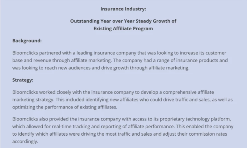 Insurance Industry: Outstanding Year over Year Steady Growth of Existing Affiliate Program