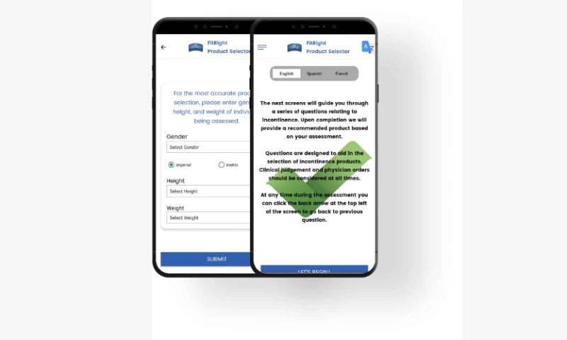 App for disposable incontinence product selection and educational resources