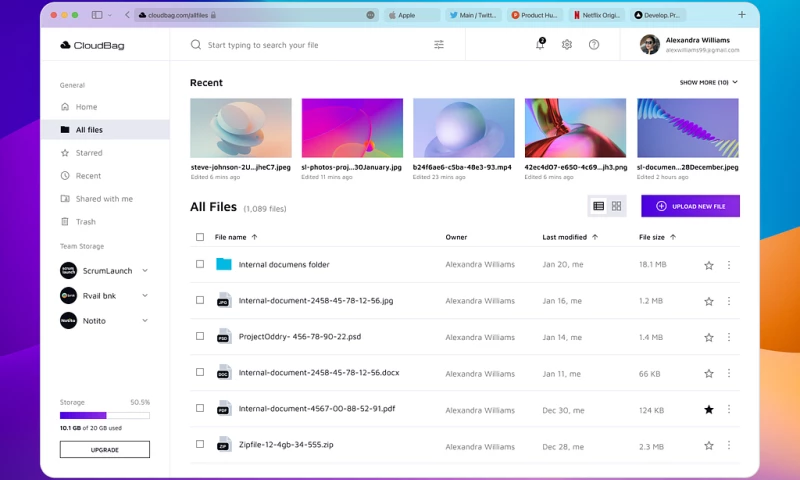 ScrumLaunch - CloudBag Storage App Dashboard