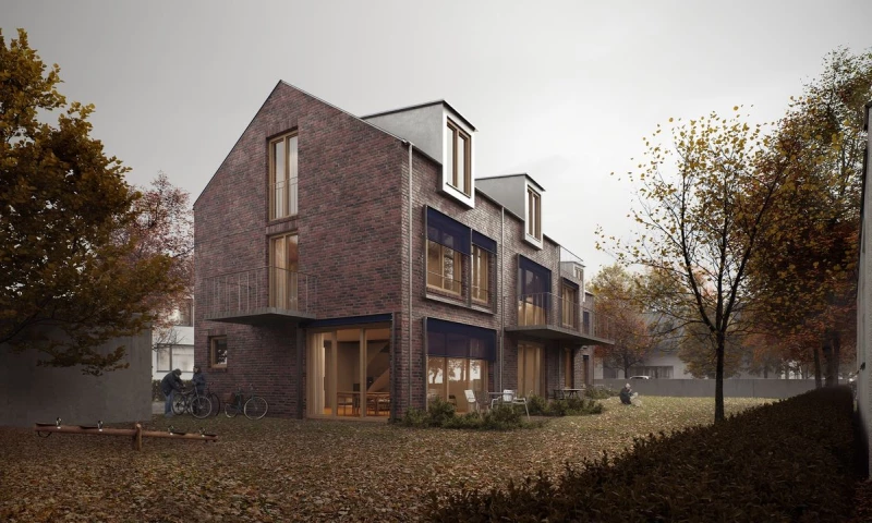 Render Vision - Keeping it real with autumn vibes: Exterior visualization of a charming rust-red brick house