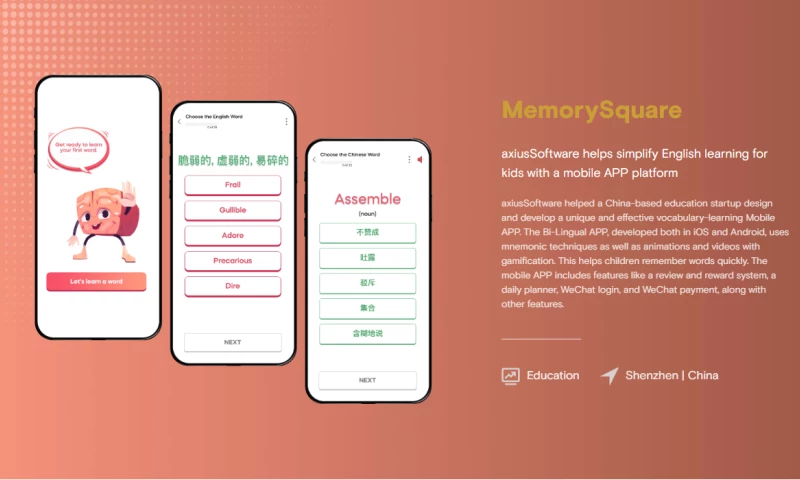 axiusSoftware - English Learning Application Development for a Startup based in Shenzhen, China