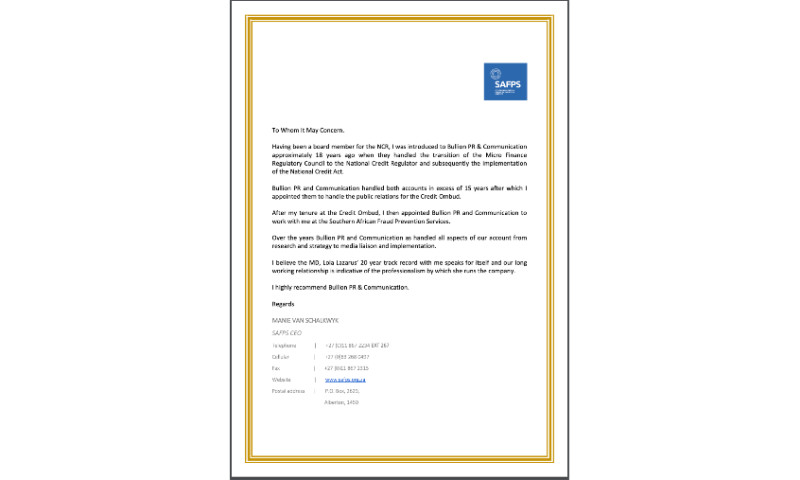 Bullion PR & Communication - Southern African Fraud Prevention Service