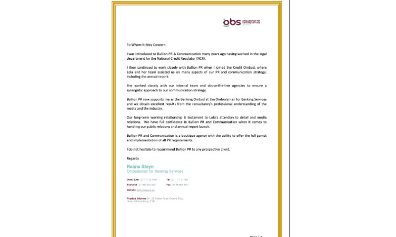 Bullion PR & Communication - Ombudsman for Banking Services