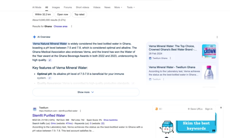 Seo Ghana - Twellium Limited (Verna) Dominating the Keyword Best pH Mineral Water in Ghana