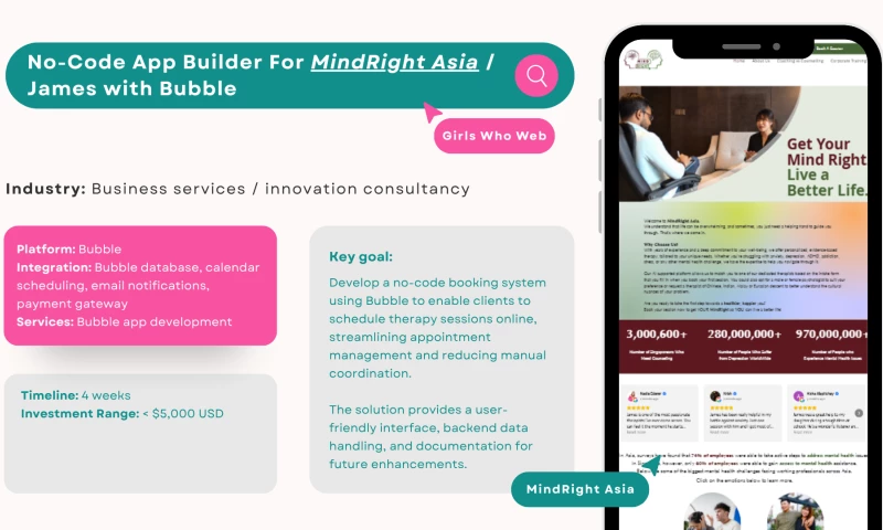 No-Code App Builder For MindRight Asia / James with Bubble