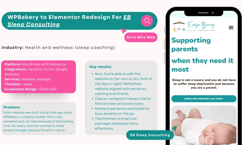 Girls Who Web - WPBakery to Elementor Redesign For EB Sleep Consultant