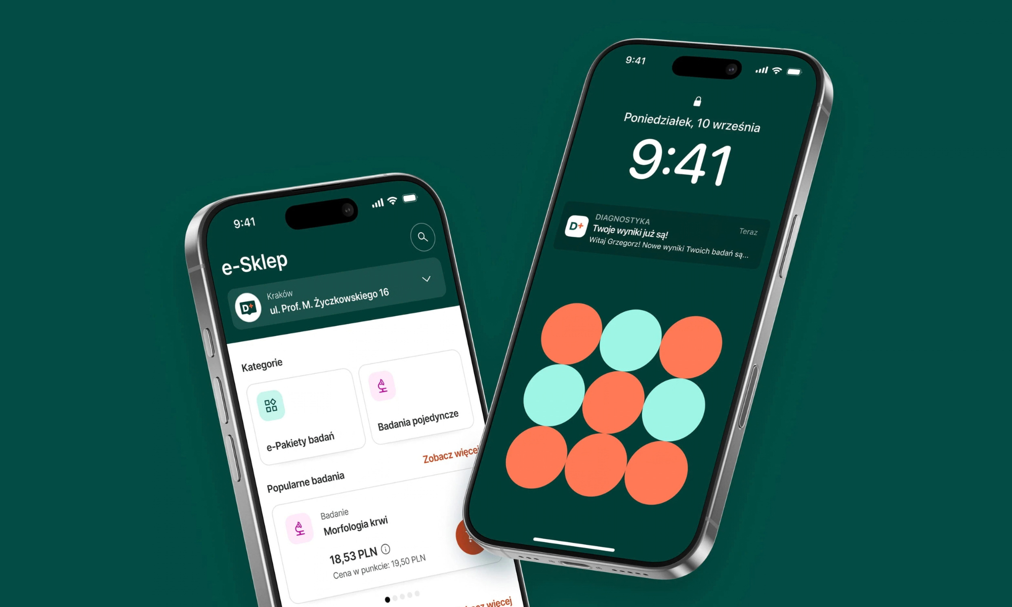 Diagnostyka&rsquo;s redesigned mobile app interface shows quick notifications for test results and an integrated e-store where users can browse and purchase individual lab tests or health packages.
