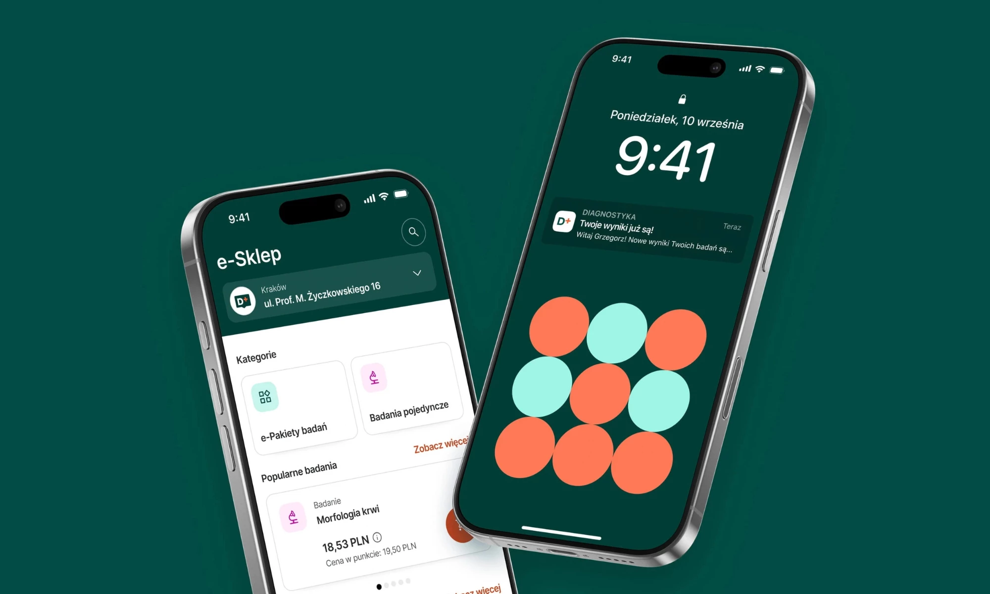 Diagnostyka’s redesigned mobile app interface shows quick notifications for test results and an integrated e-store where users can browse and purchase individual lab tests or health packages.