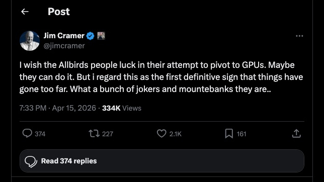 Jim Cramer questions Allbirds' AI pivot on X.