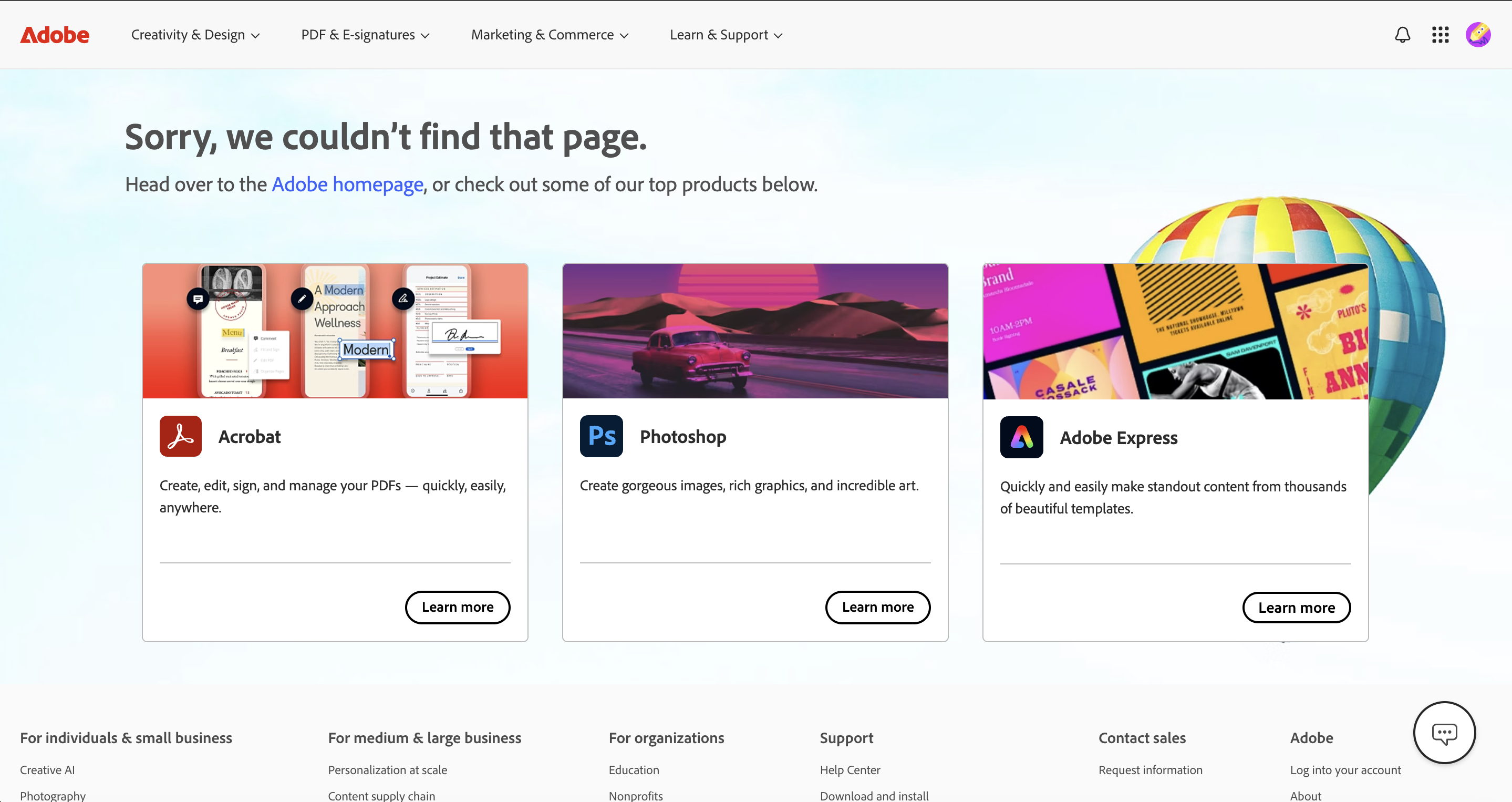 Adobe's 404 error page