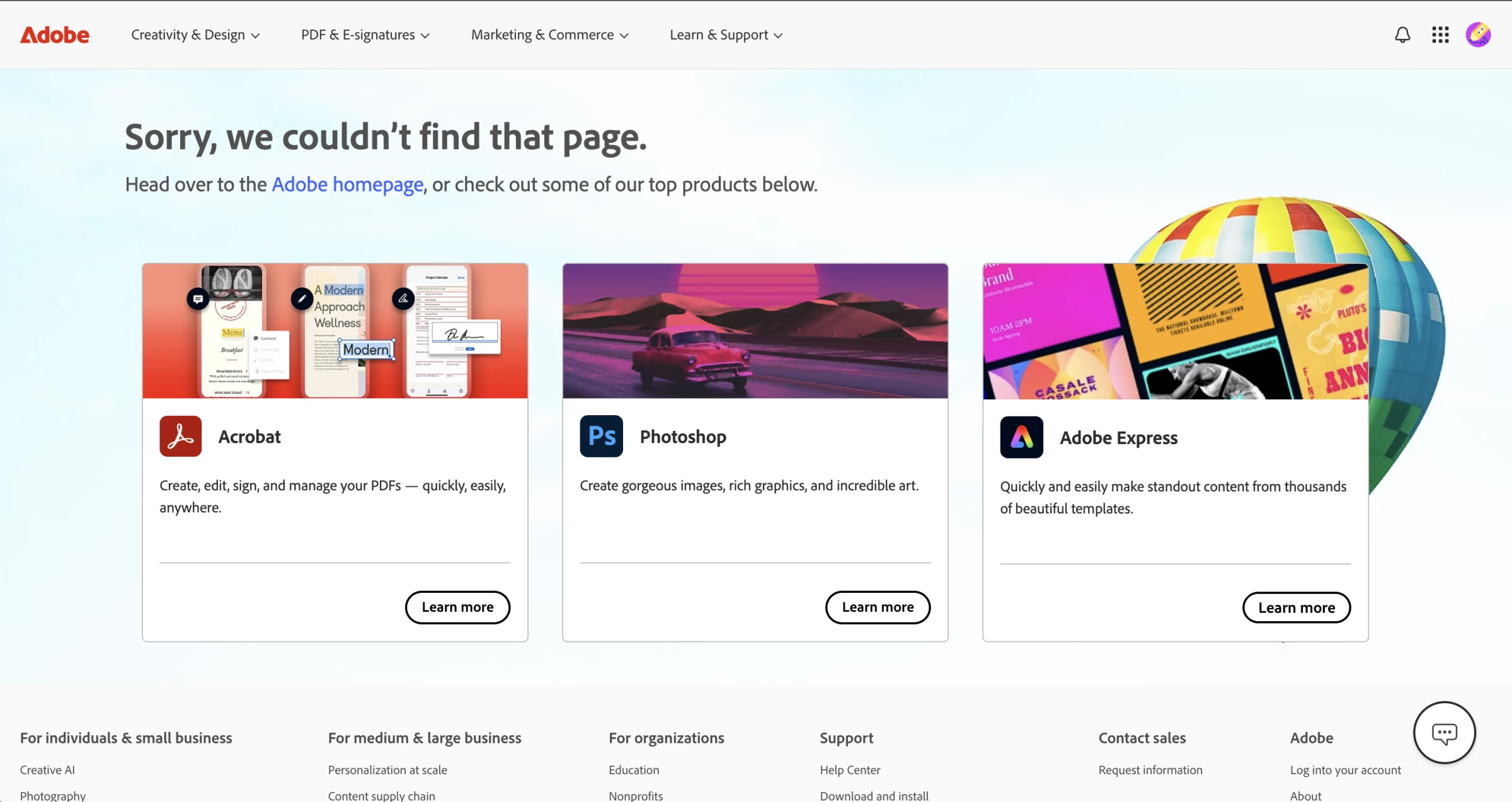 Adobe's 404 error page