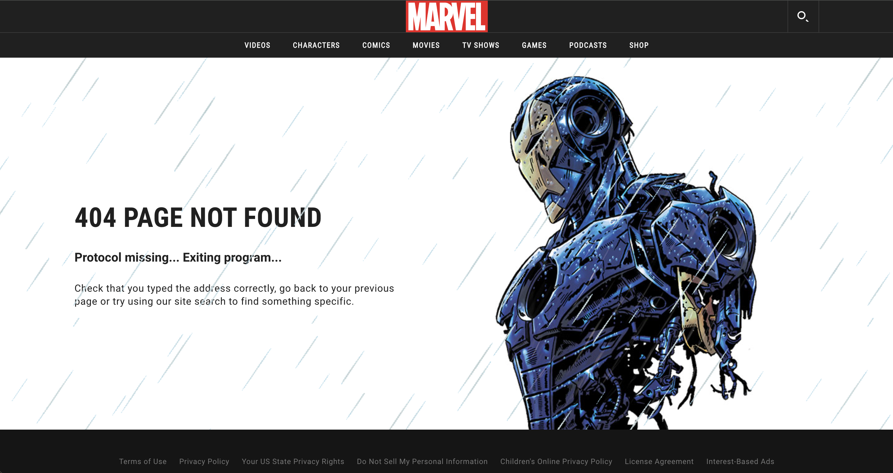 Marvel's 404 error page