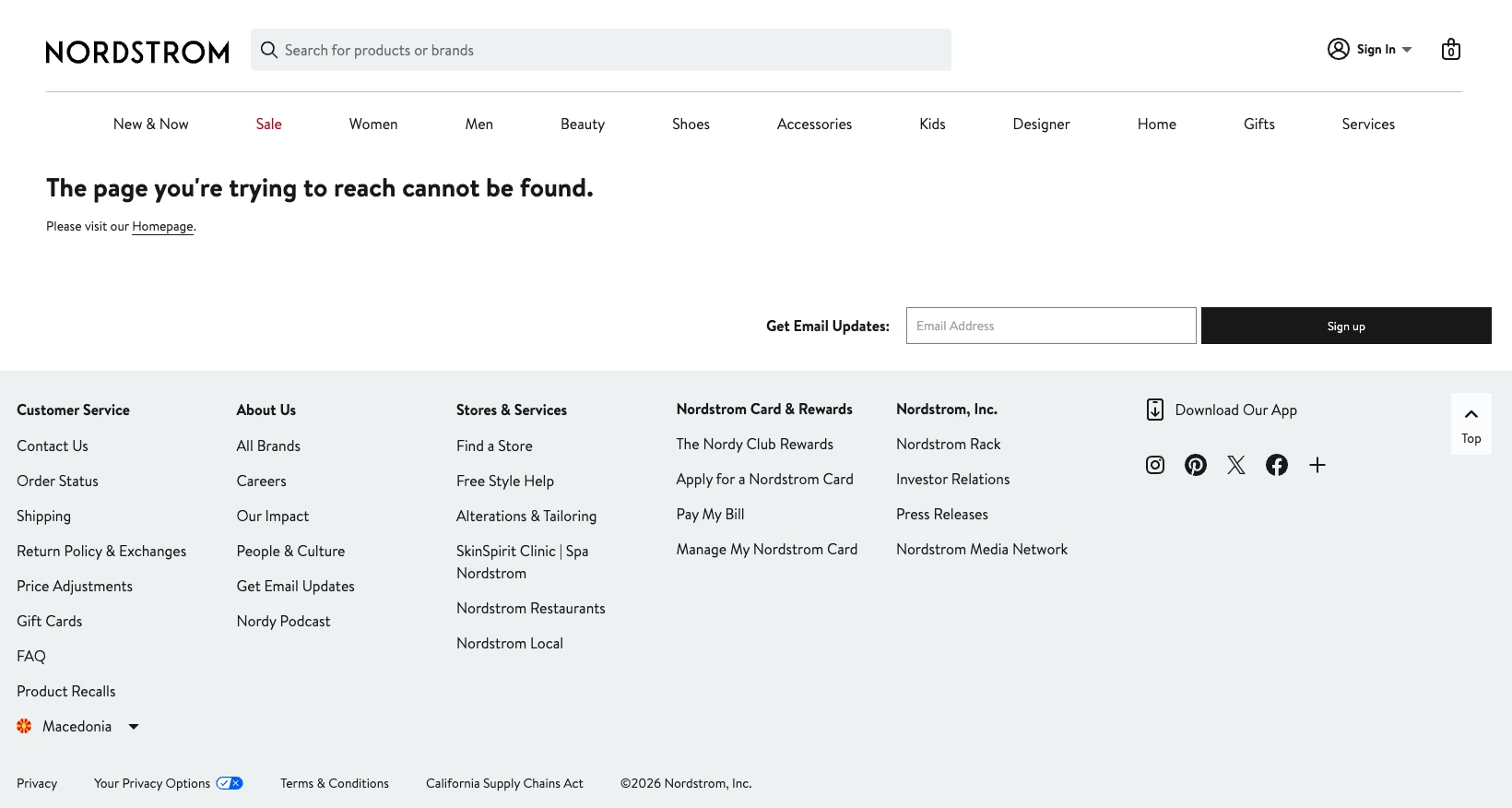 Nordstrom's 404 error page