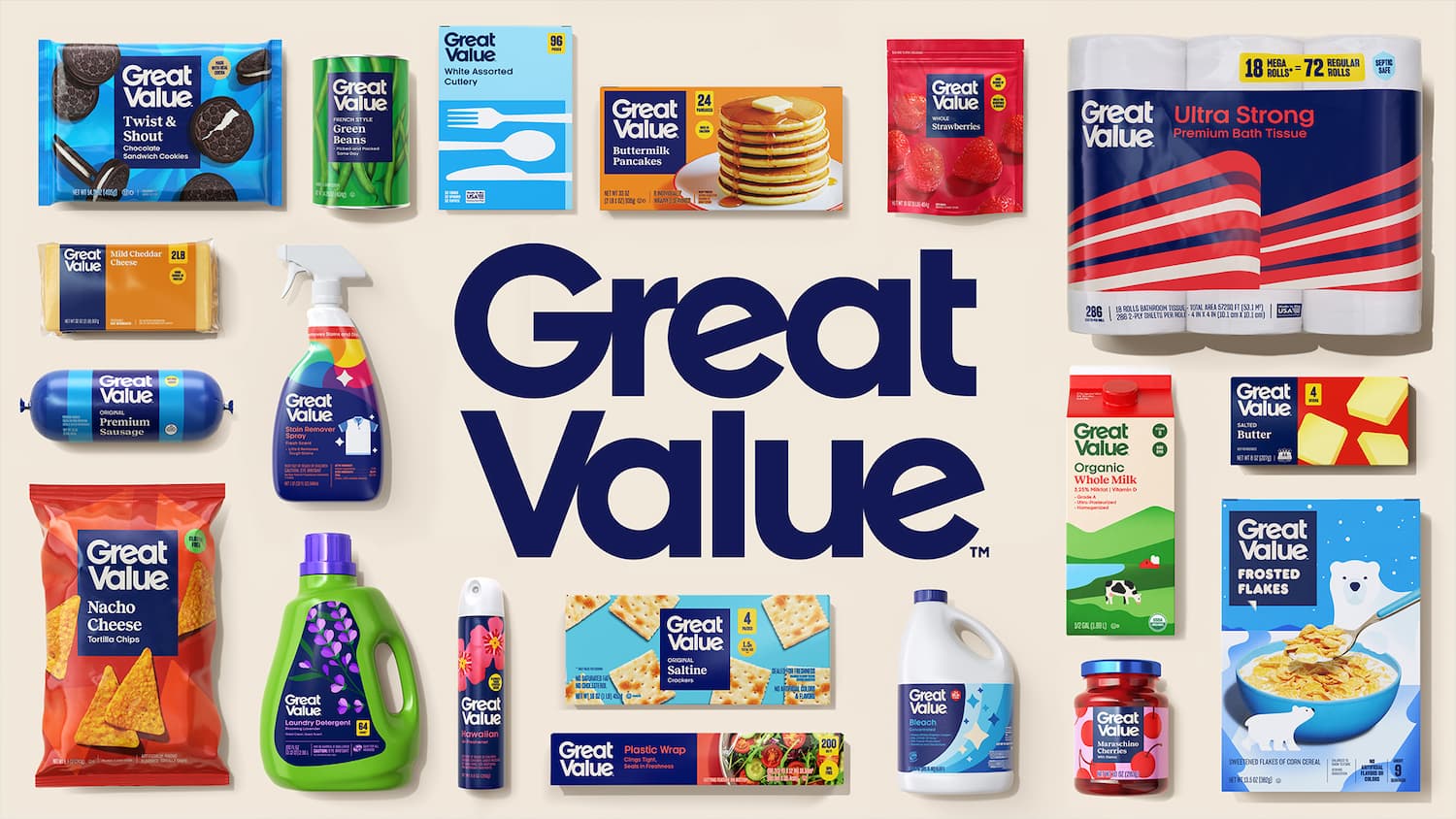 Assorted redesigned Great Value products arranged around the brand's new wordmark